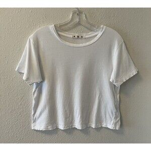 AMO Women's T-Shirt Tee Size Sm White Crop Cotton Made USA Distressed Hem